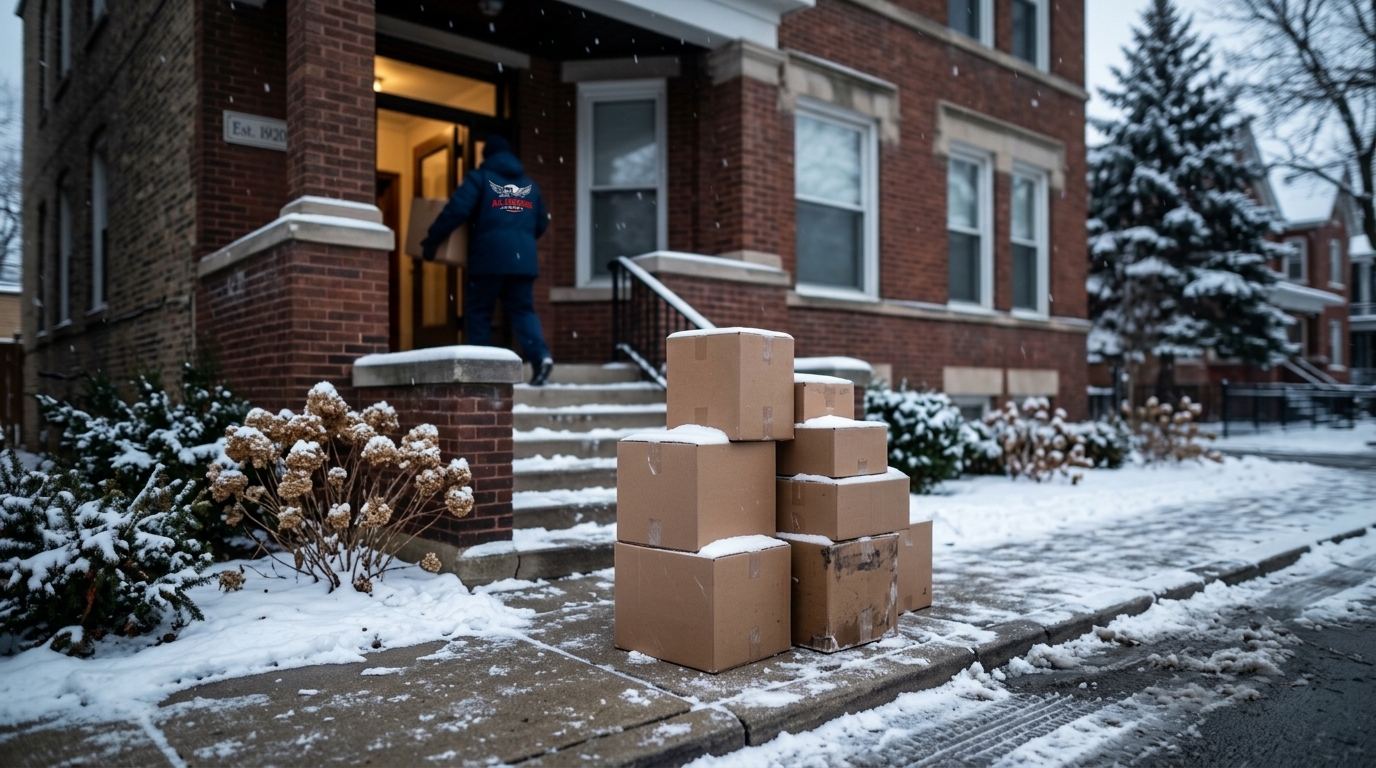 Mover moving boxes into house during winter move