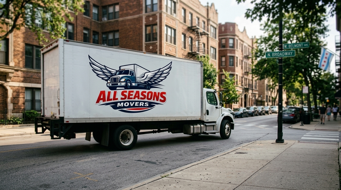 All Seasons Movers truck driving down a chicago road
