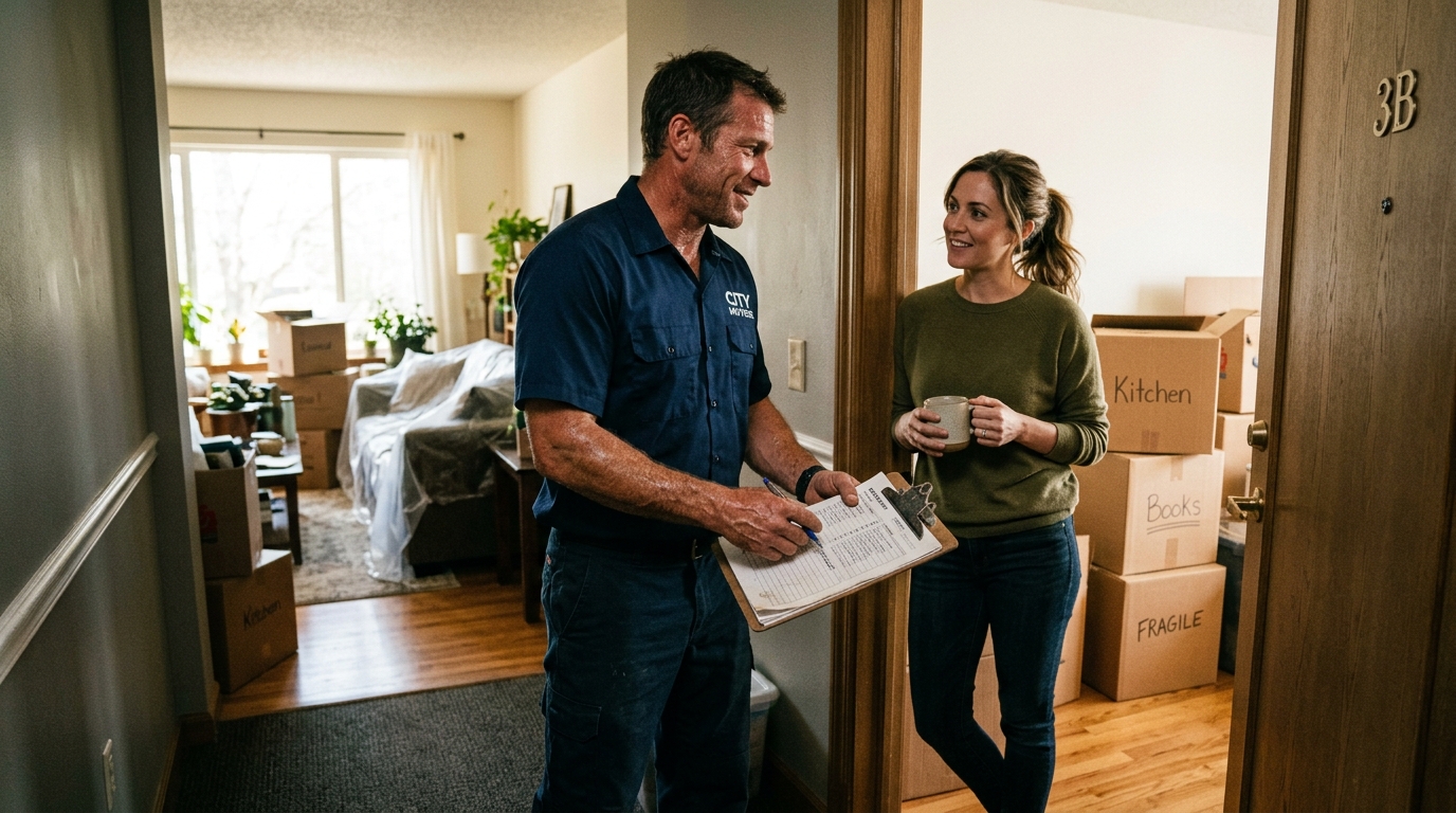 Moving company crew member reviewing move details with a homeowner before loading begins