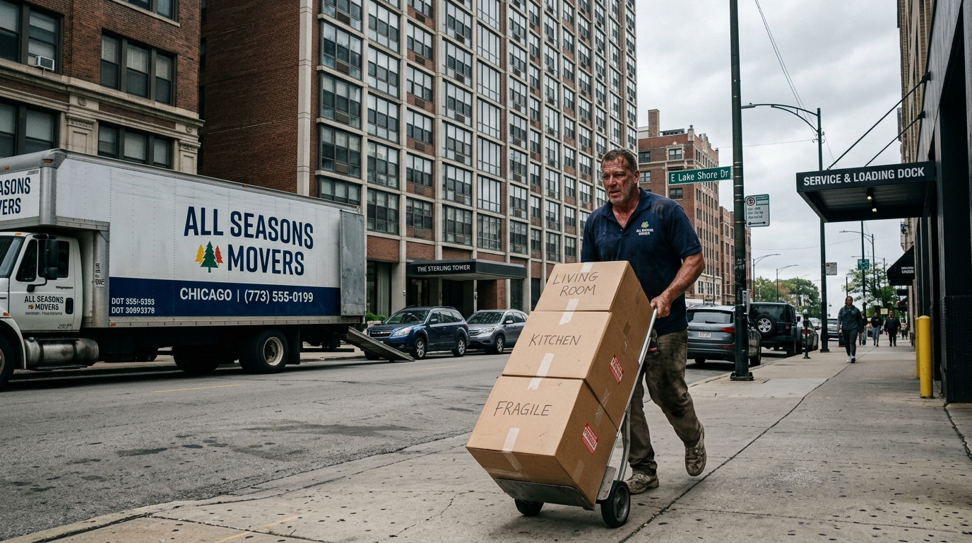 Moving company truck outside a Chicago high rise loading dock during a move