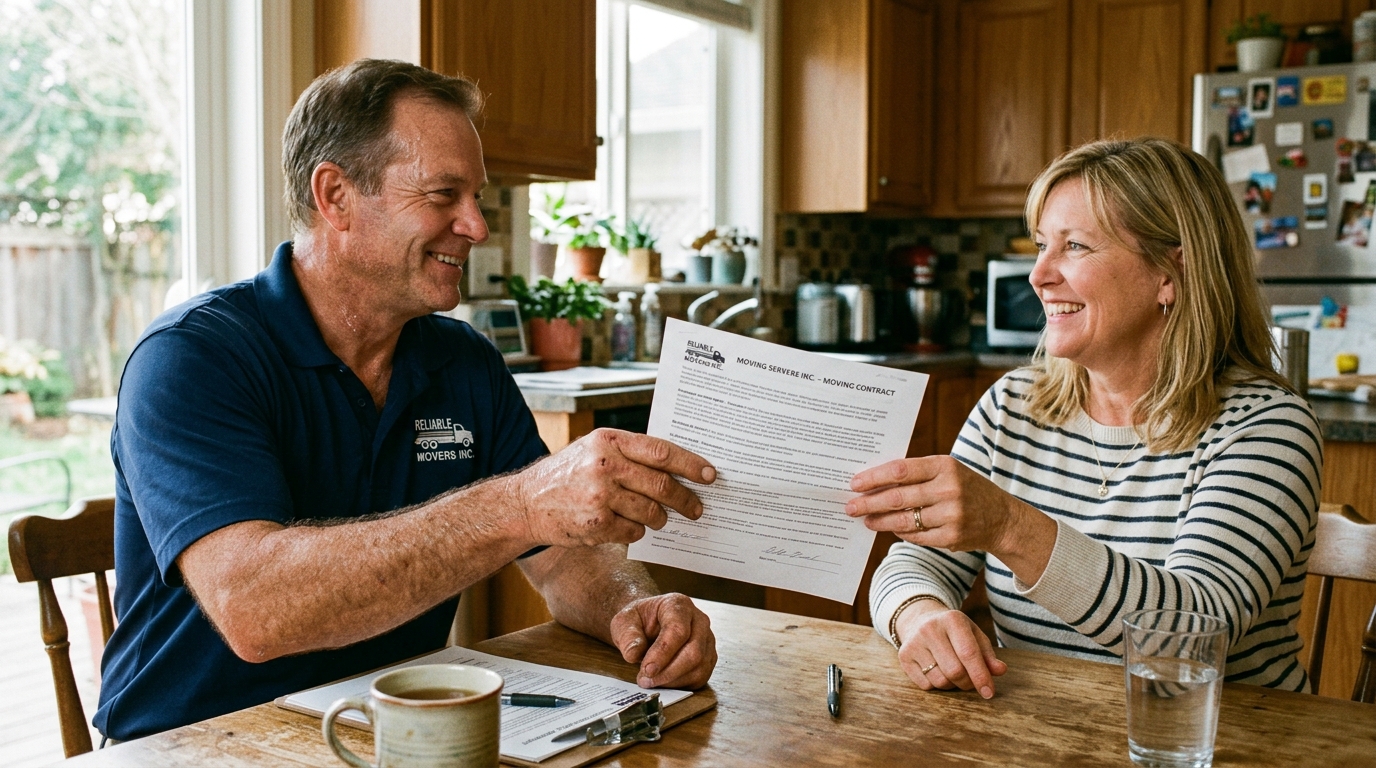 Mover reviewing a written moving contract with a customer at home