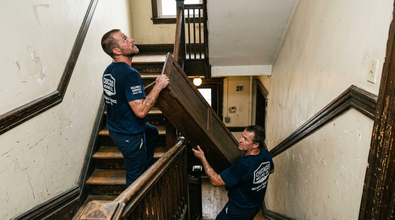 Movers carrying disassembled furniture up a narrow Chicago vintage building stairwell Movers carrying disassembled furniture up a narrow Chicago vintage building stairwell