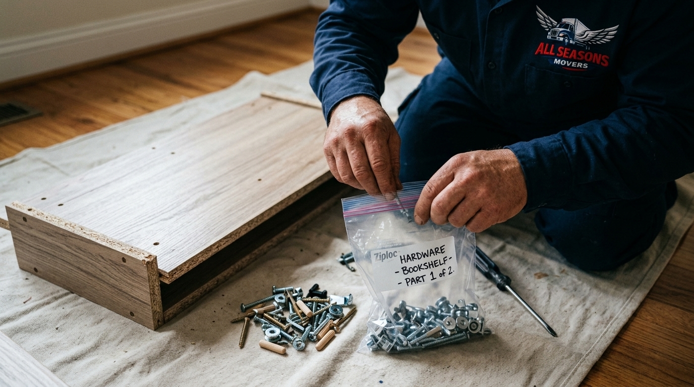 Mover labeling hardware from disassembled flat pack furniture during a Chicago move Mover labeling hardware from disassembled flat pack furniture during a Chicago move