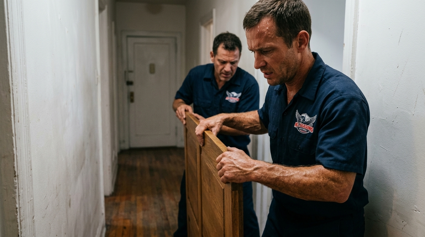 Movers lifting a heavy wardrobe panel through a tight Chicago apartment hallway Movers lifting a heavy wardrobe panel through a tight Chicago apartment hallway