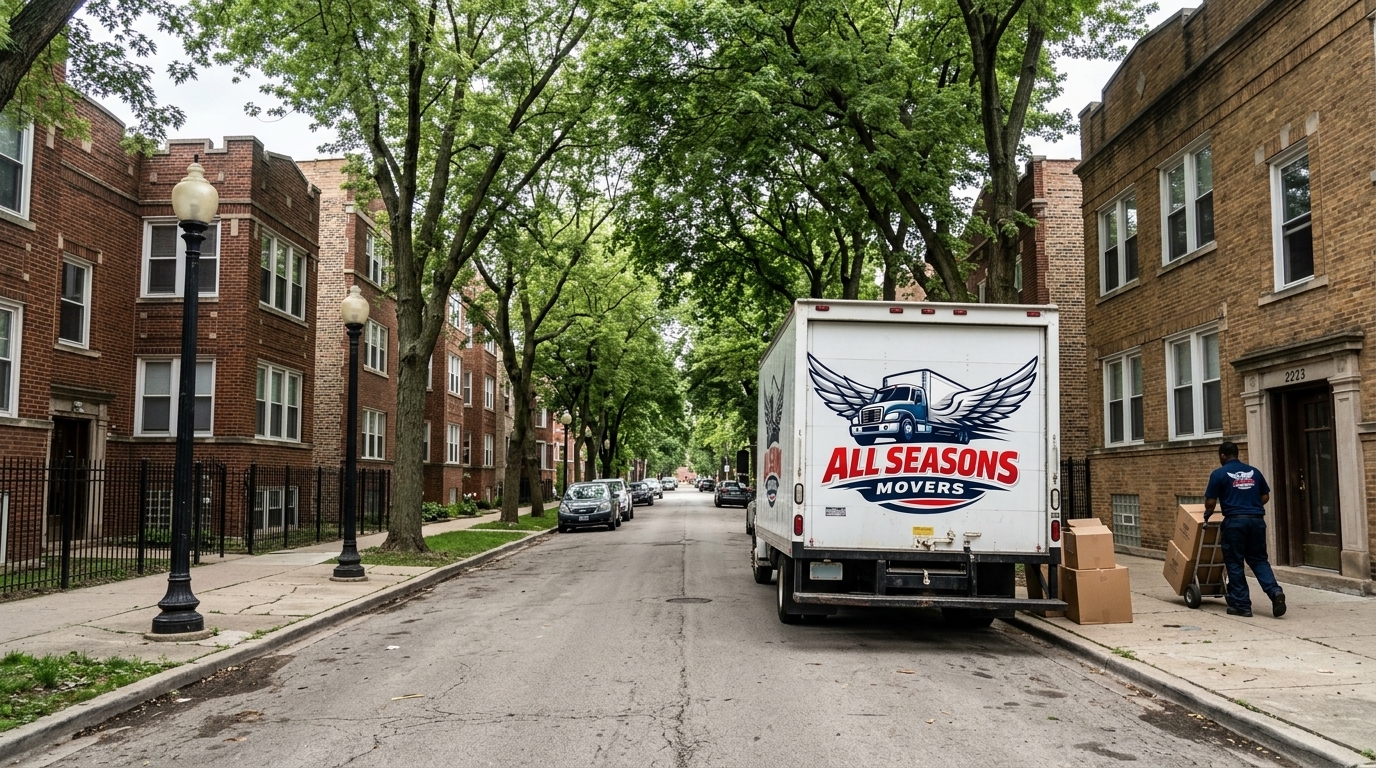 Chicago neighborhood street with an All Seasons Movers truck during a move