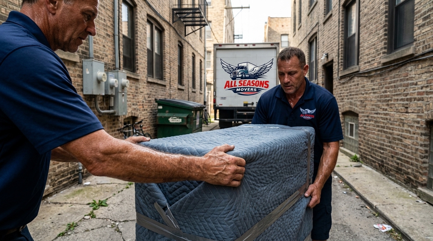 Movers carrying furniture through a Chicago alley to a moving truck