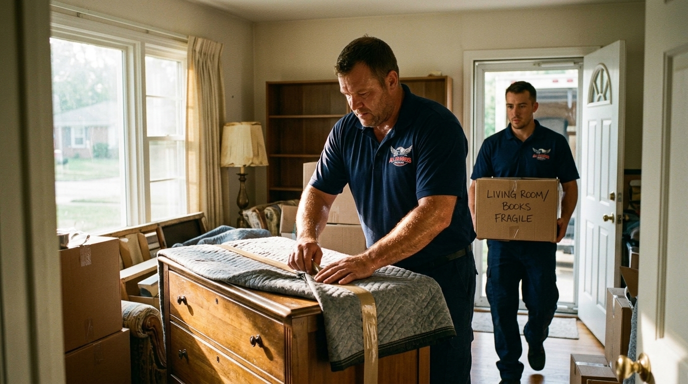 Full service movers packing and wrapping furniture during a household move