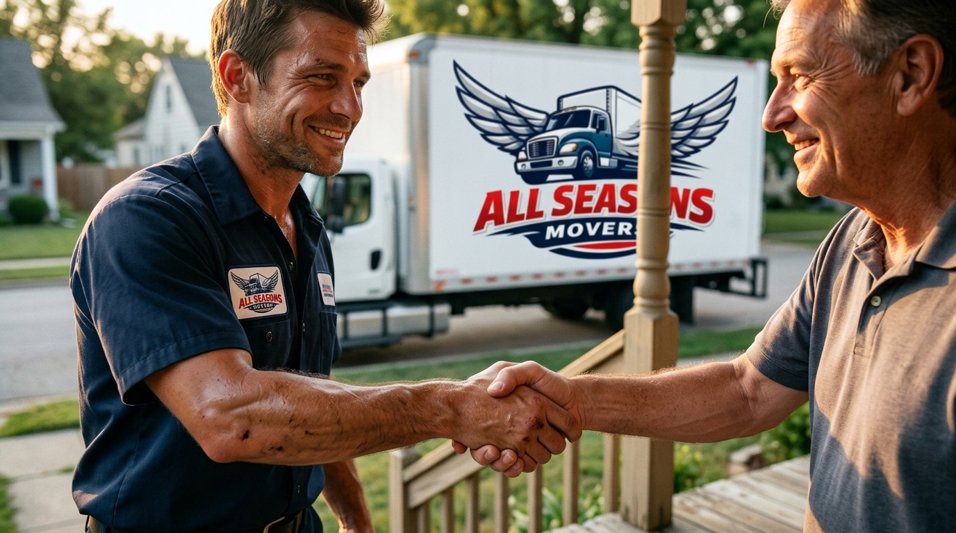 Mover shaking hands with a satisfied customer after a completed move