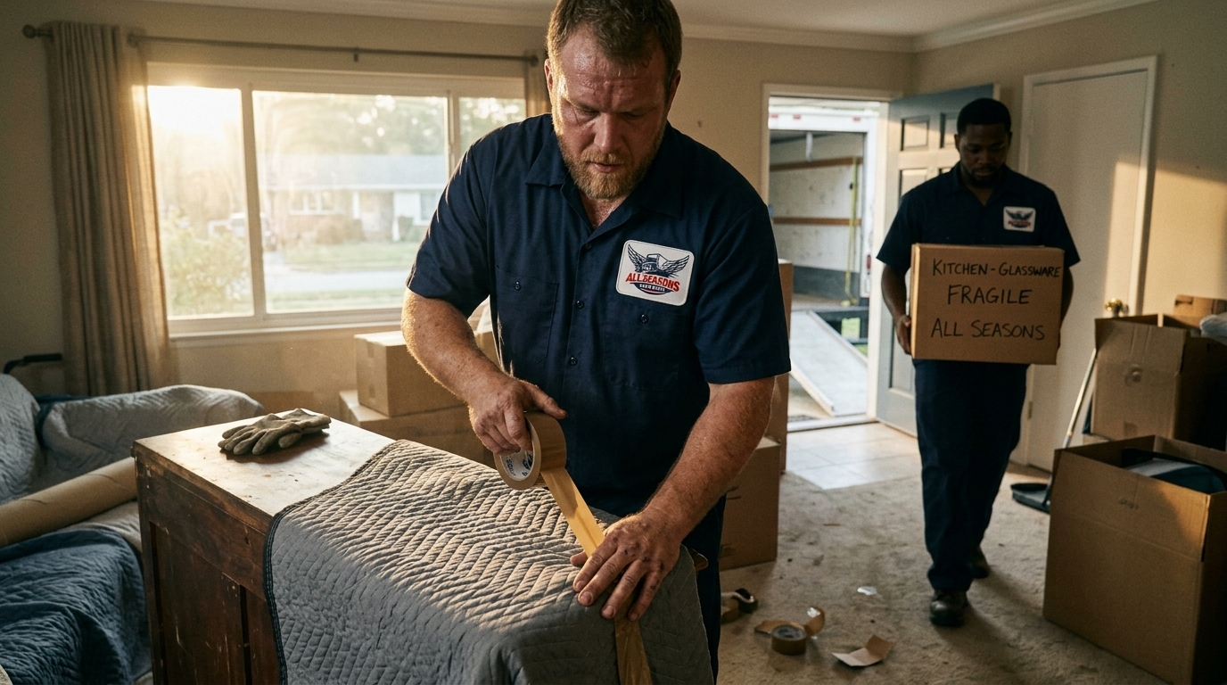 Full service movers packing and wrapping furniture during a household move