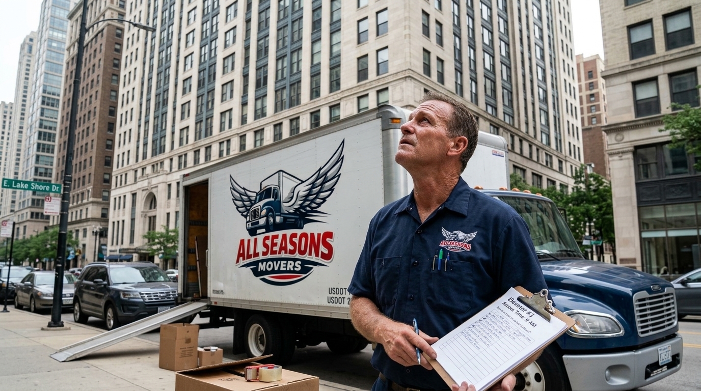 Mover checking building access details outside a Chicago high rise before a move