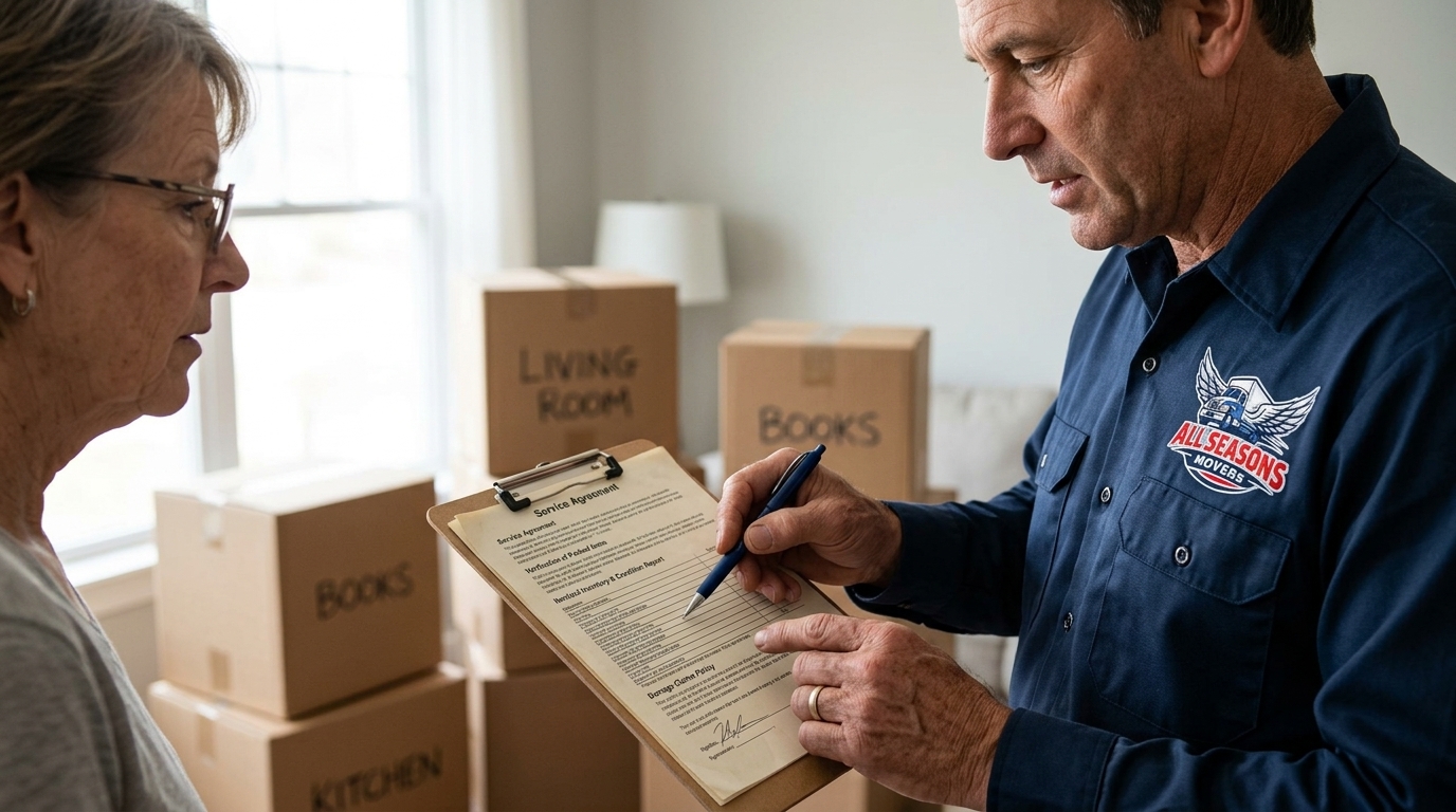 Mover explaining valuation coverage options to a customer before a move