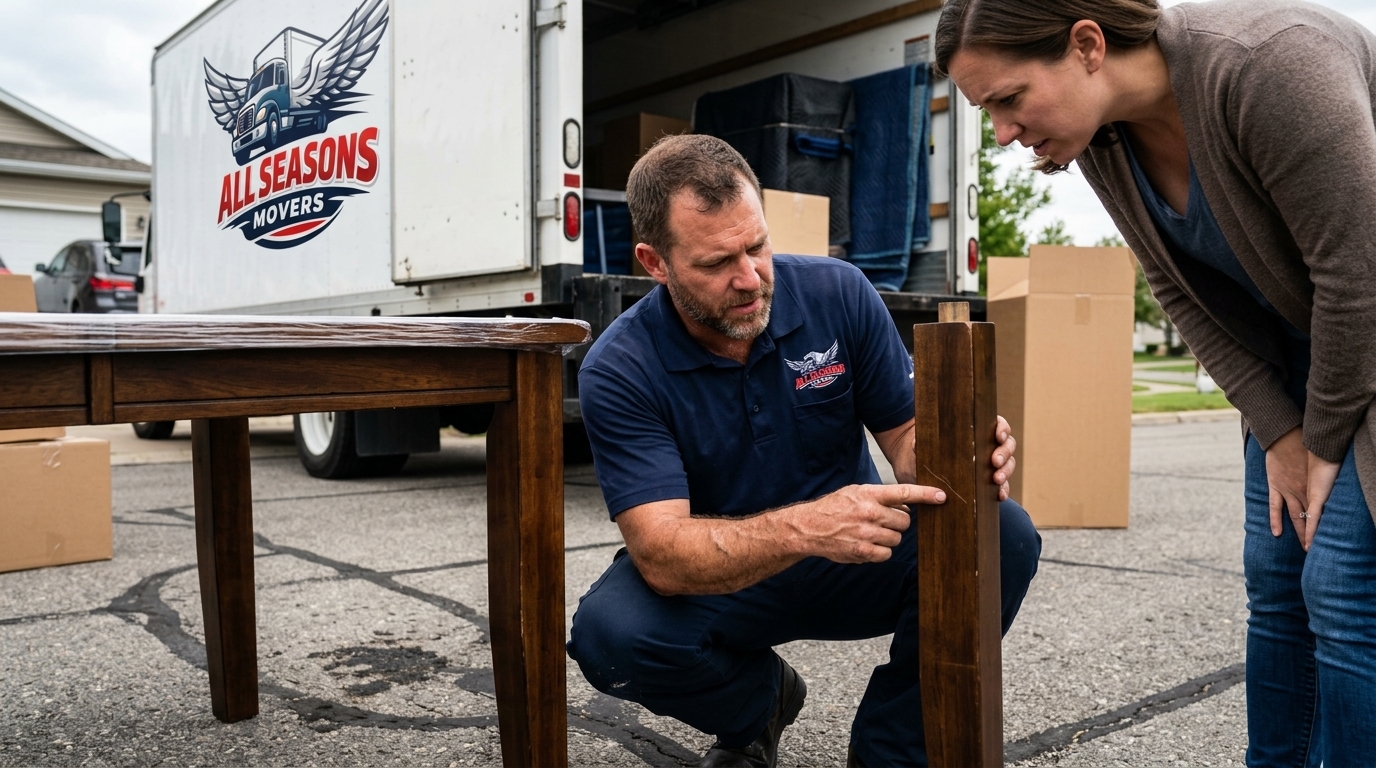 Mover and customer inspecting furniture condition after a move for a damage claim