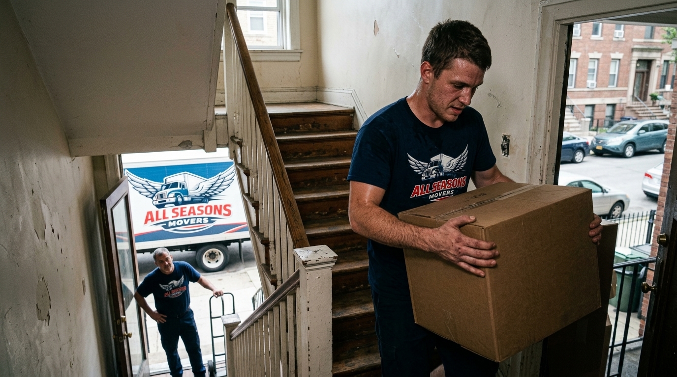 Movers navigating stairs during a move where extra fees commonly apply
