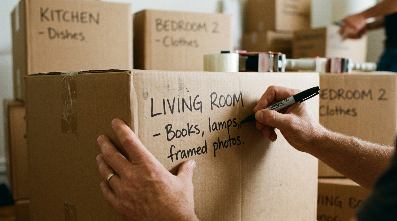 Labeling boxes by room to help movers work efficiently