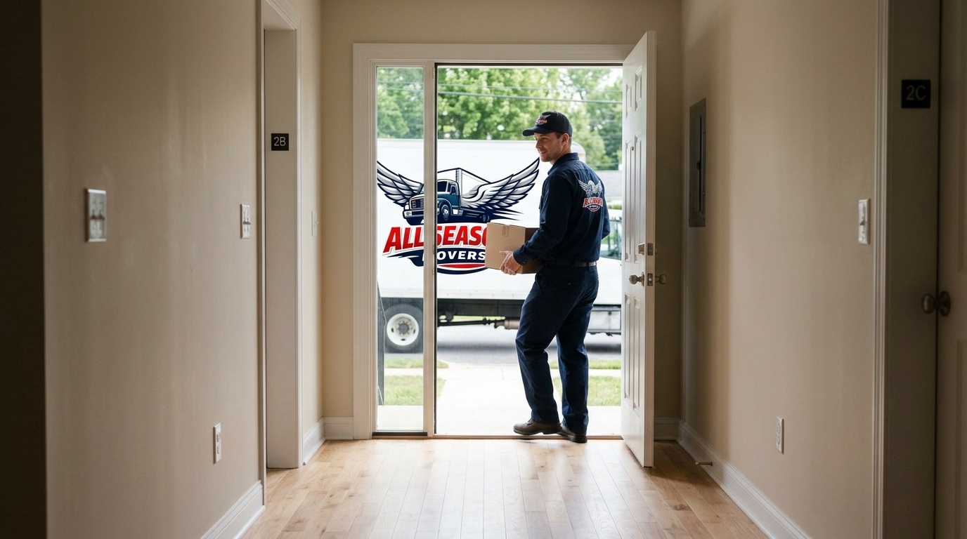 A candid photo of a clear, tidy hallway in an apartment with no clutter or rugs in the walking path, a moving truck with the All Seasons Movers logo visible through the open front door in the background, and a mover in branded navy blue uniform stepping inside to begin loading. Natural morning light gives the image a calm, realistic, documentary feel rather than a polished commercial shot.