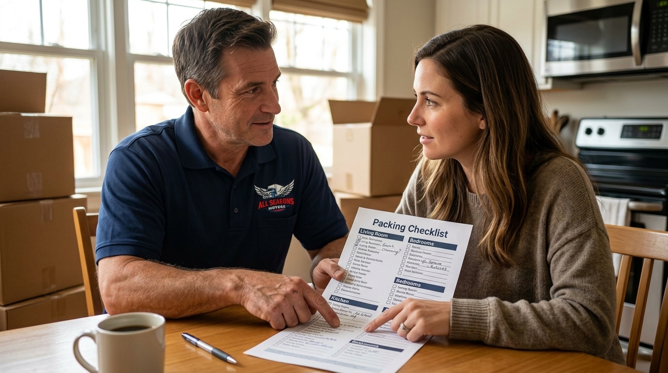 Mover reviewing packing service options with a customer before a move
