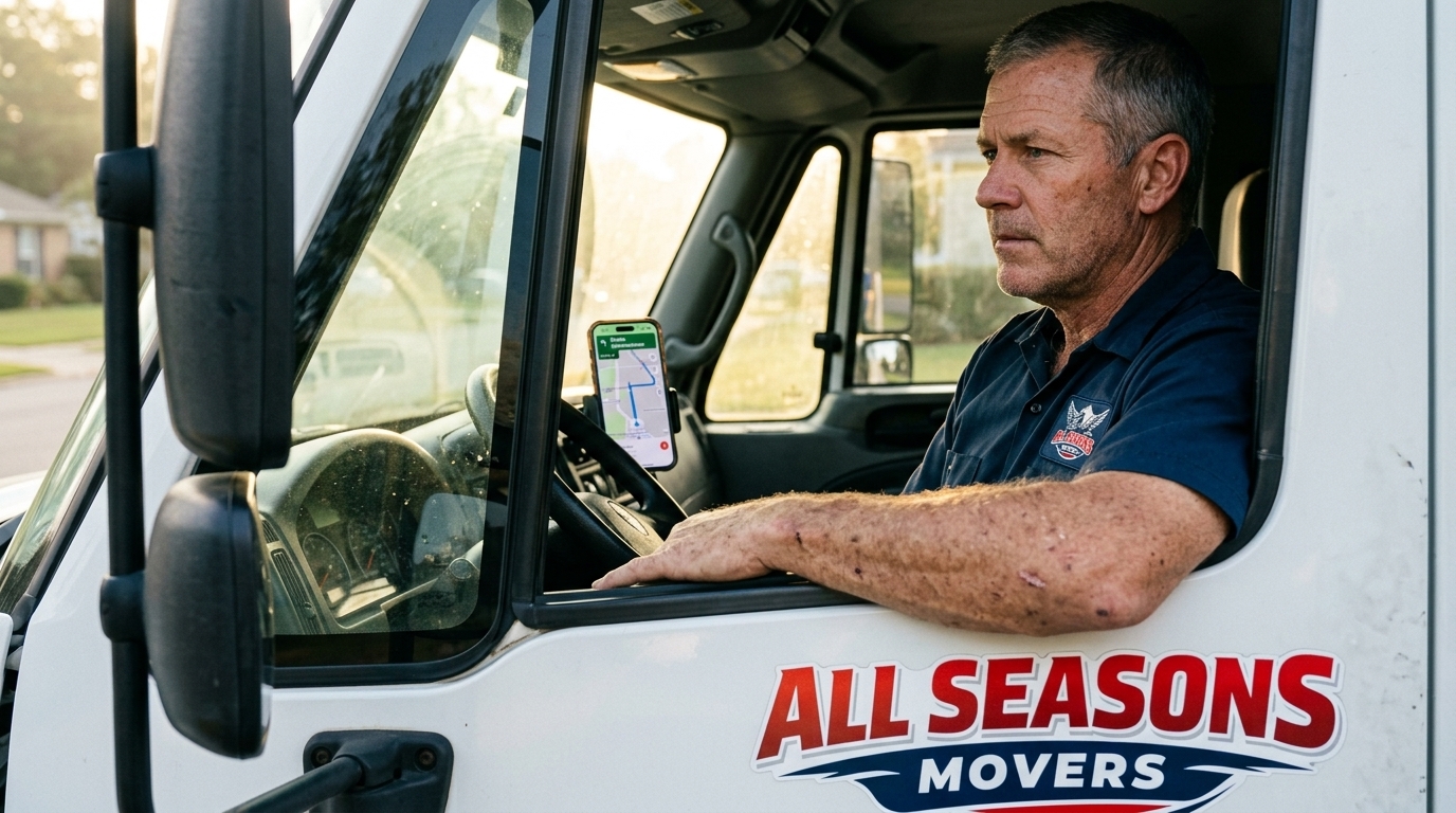 Mover checking a route around a Chicago street closure on move day