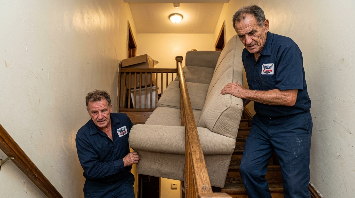 All Seasons Movers crew in branded navy blue uniform carrying a couch up a narrow Chicago stairwell All Seasons Movers crew in branded navy blue uniform carrying a couch up a narrow Chicago stairwell