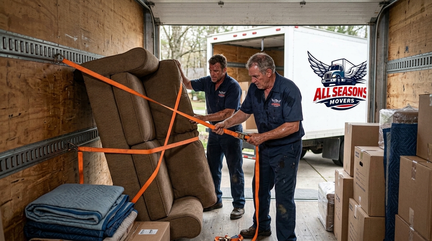 All Seasons Movers crew in branded navy blue uniform securing a couch with straps inside a branded moving truck All Seasons Movers crew in branded navy blue uniform securing a couch with straps inside a branded moving truck