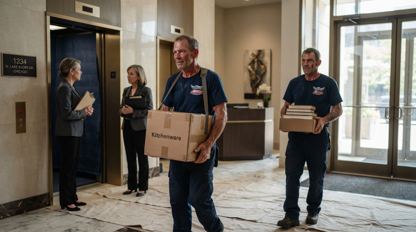 All Seasons Movers crew in branded navy blue uniform carrying boxes through a protected Chicago high rise lobby