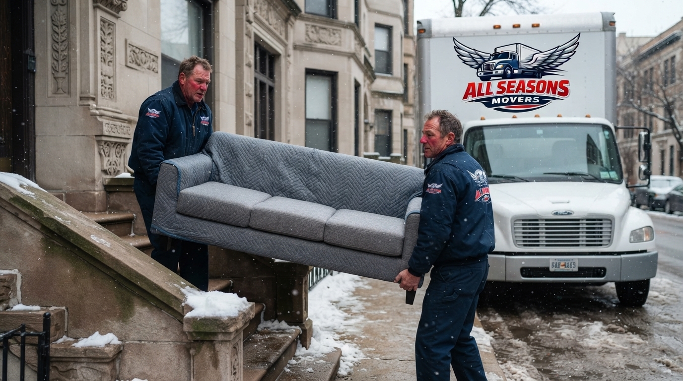 All Seasons Movers crew in branded navy blue uniform carrying a wrapped sofa during a winter Chicago move