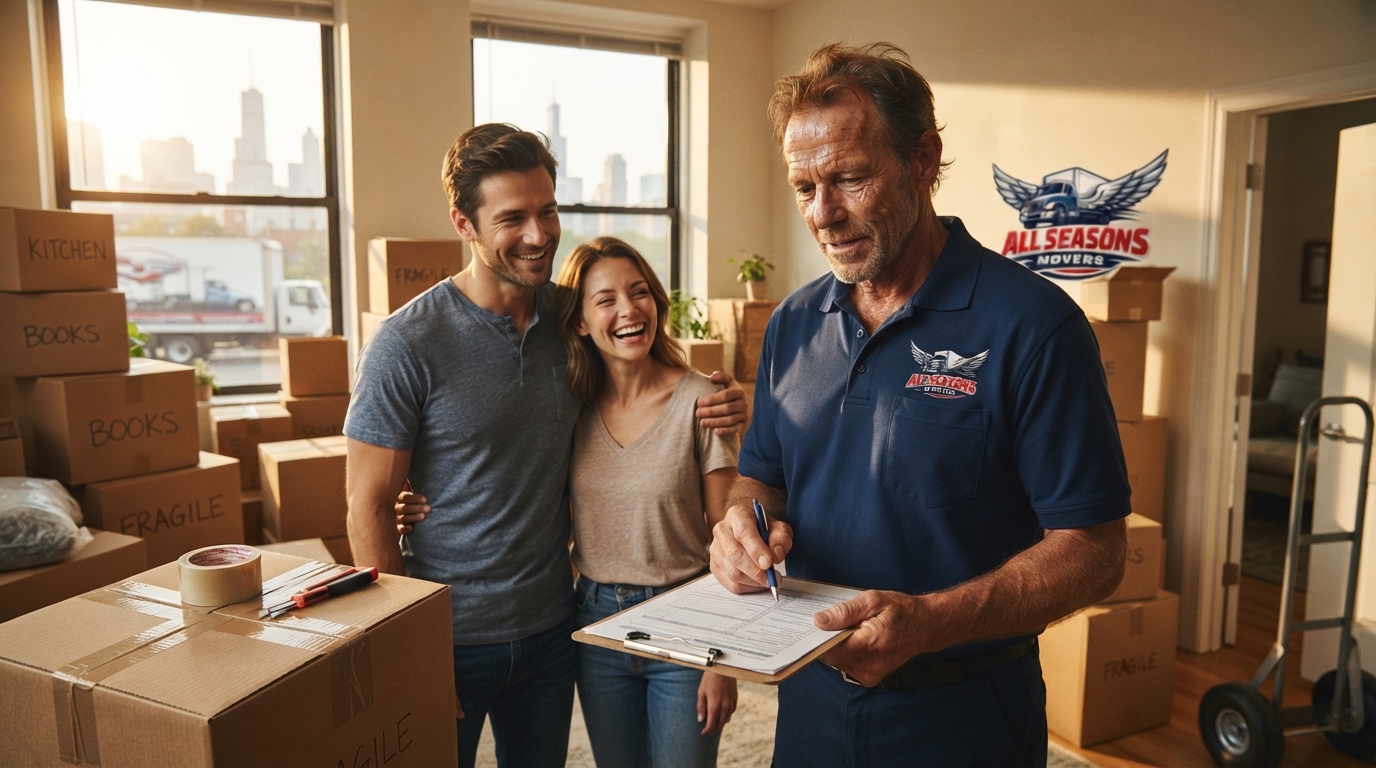 All Seasons Movers crew lead in branded navy blue uniform reviewing the moving plan with a Chicago couple