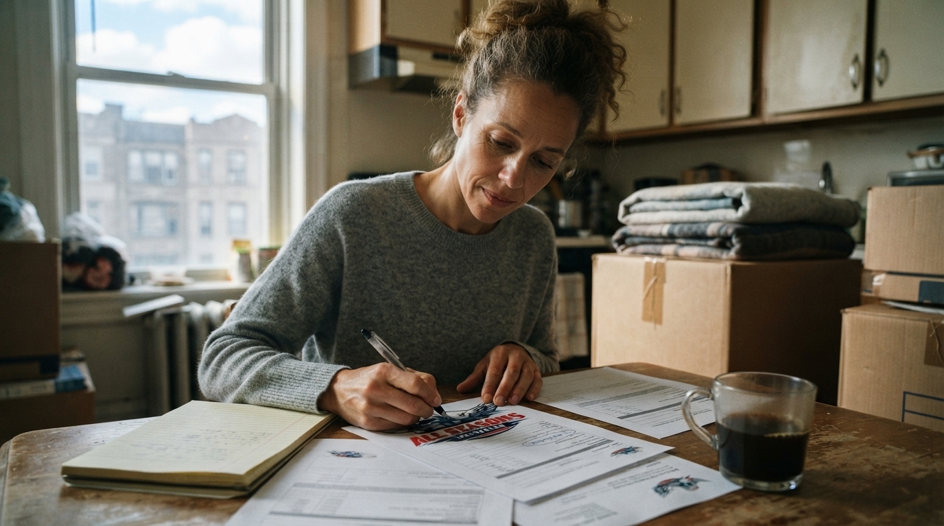 Chicago homeowner comparing mover reviews and written estimates at a kitchen table