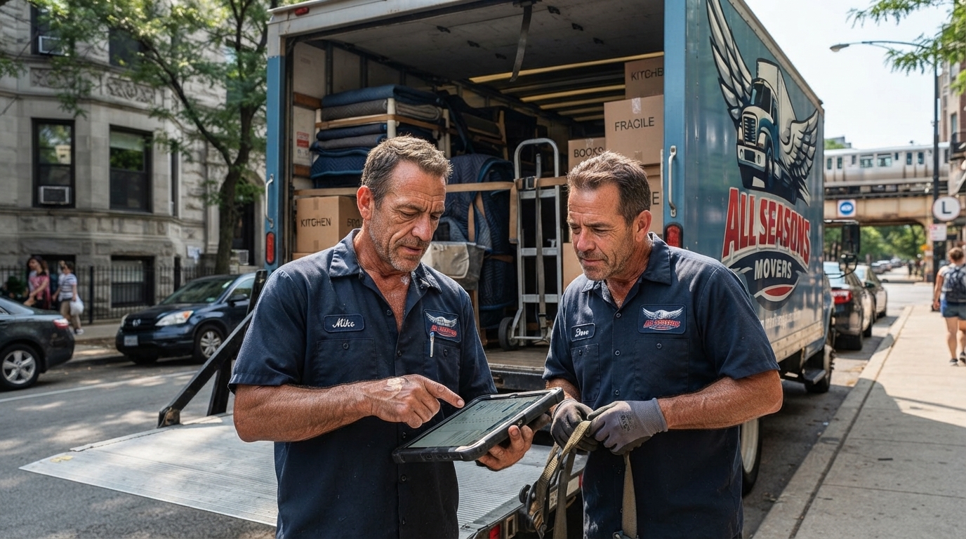 All Seasons Movers crew in branded navy blue uniform checking the load inside their branded moving truck