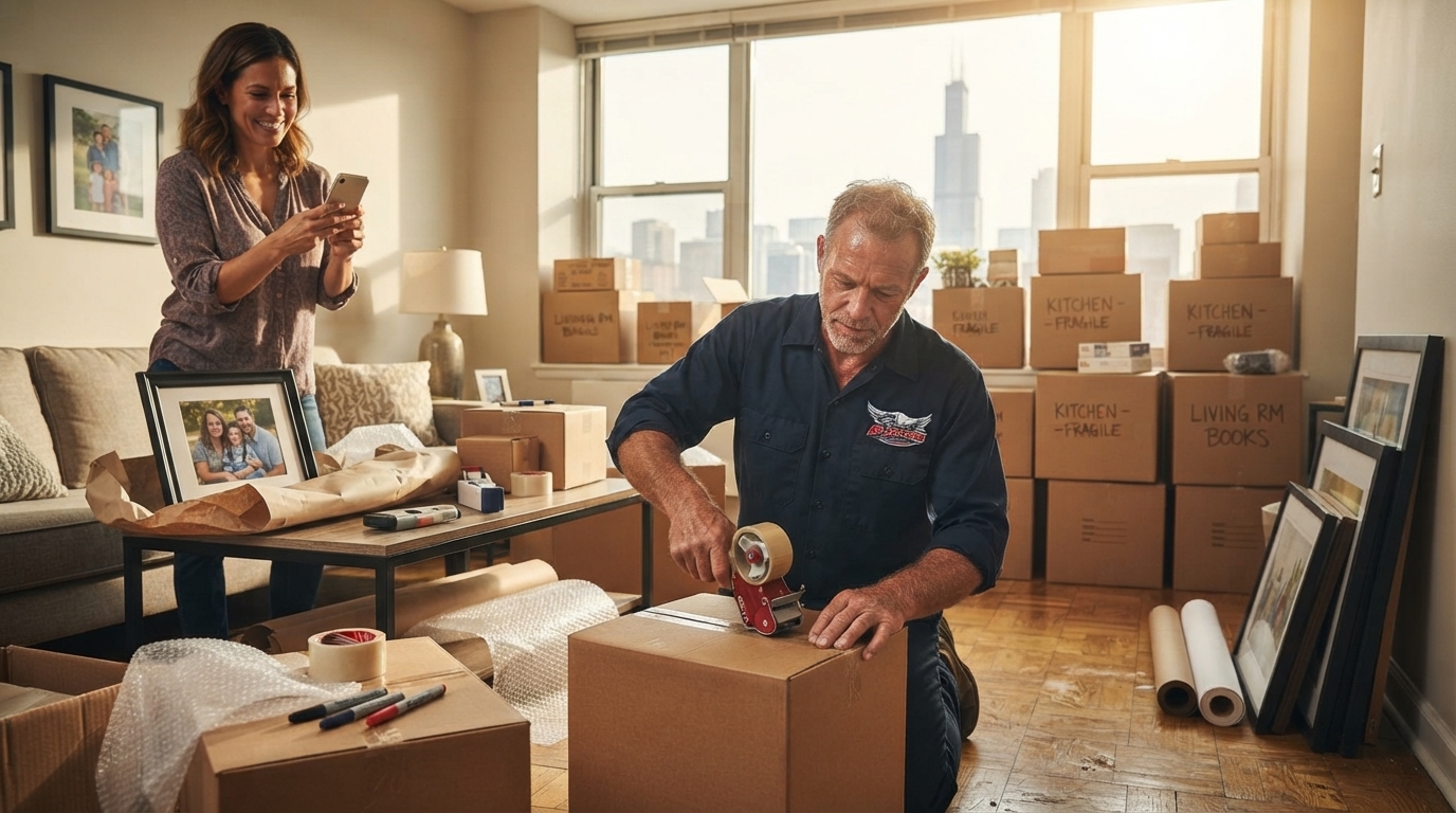 All Seasons Movers crew member in branded navy blue uniform sealing boxes while a homeowner photographs a framed picture