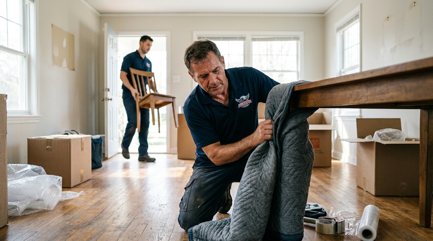 All Seasons Movers crew member in branded navy blue uniform wrapping a wooden dining table in a moving blanket before a Chicago move