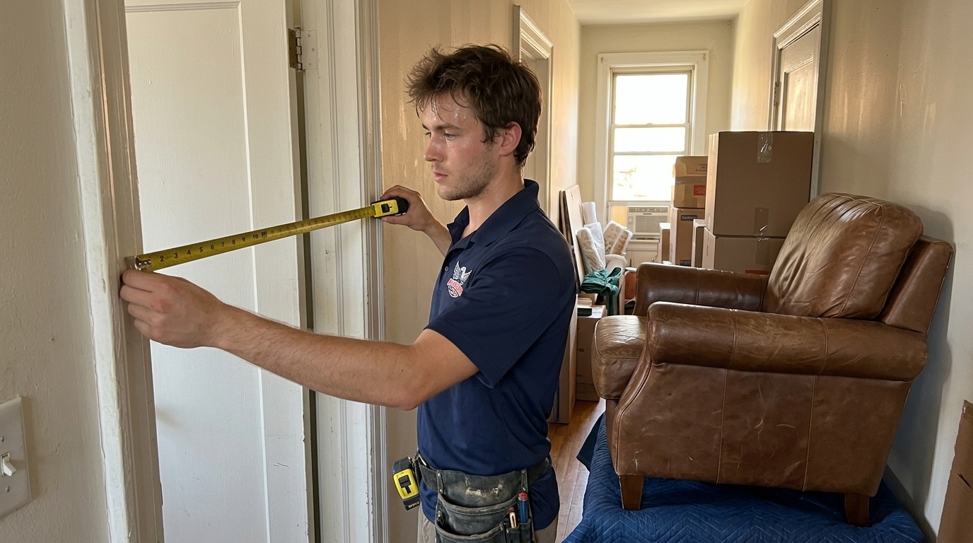 Mover in branded navy blue uniform measuring a doorway to plan a furniture move in a Chicago apartment