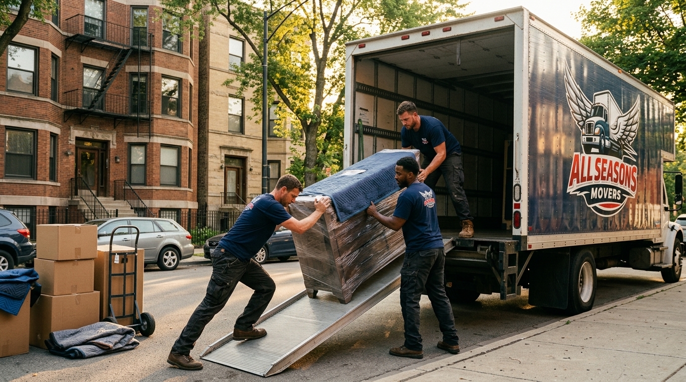 All Seasons Movers crew in branded navy blue uniform loading wrapped furniture into a branded truck on a Chicago street