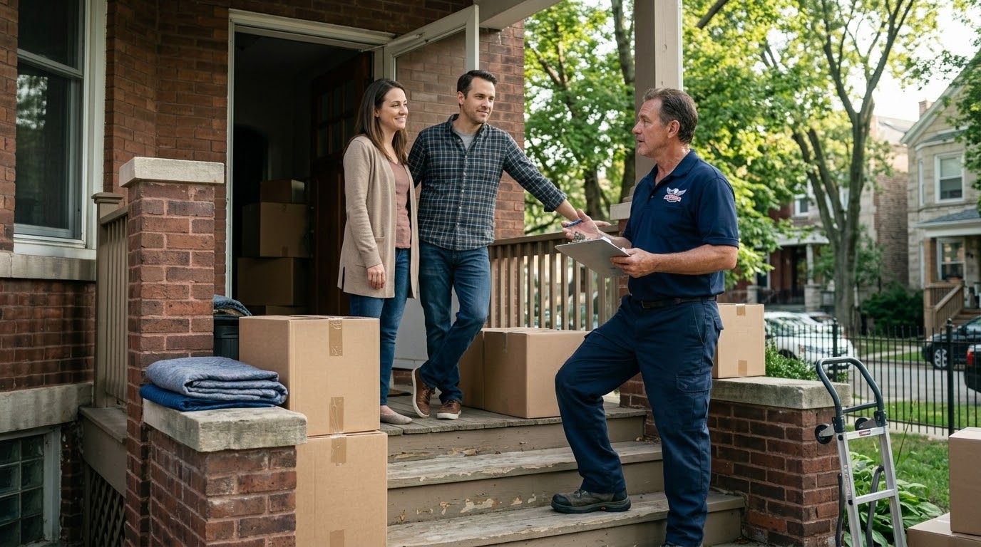 All Seasons Movers crew lead in branded navy blue uniform reviewing a moving estimate with a Chicago couple at their front door