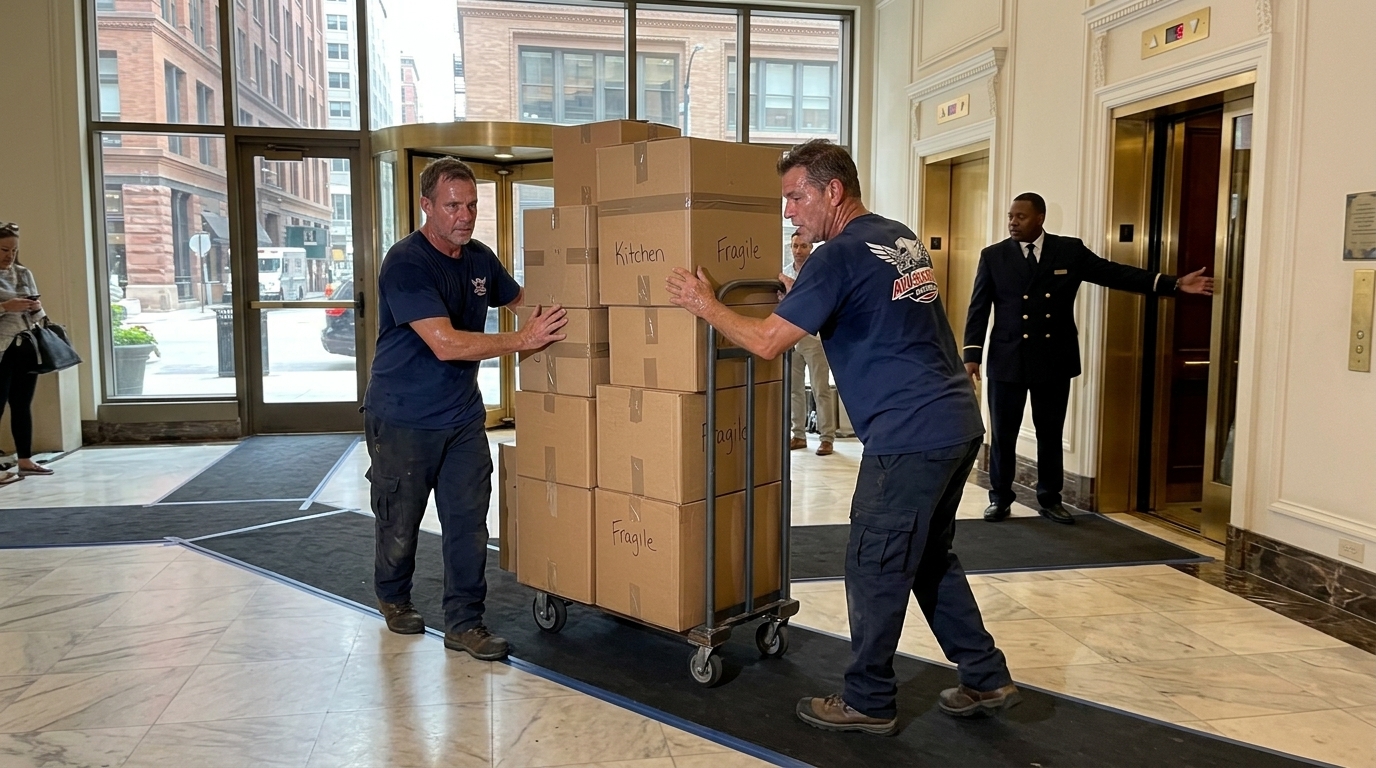 All Seasons Movers crew in branded navy blue uniform wheeling boxes through a Chicago high rise lobby with floor protection down