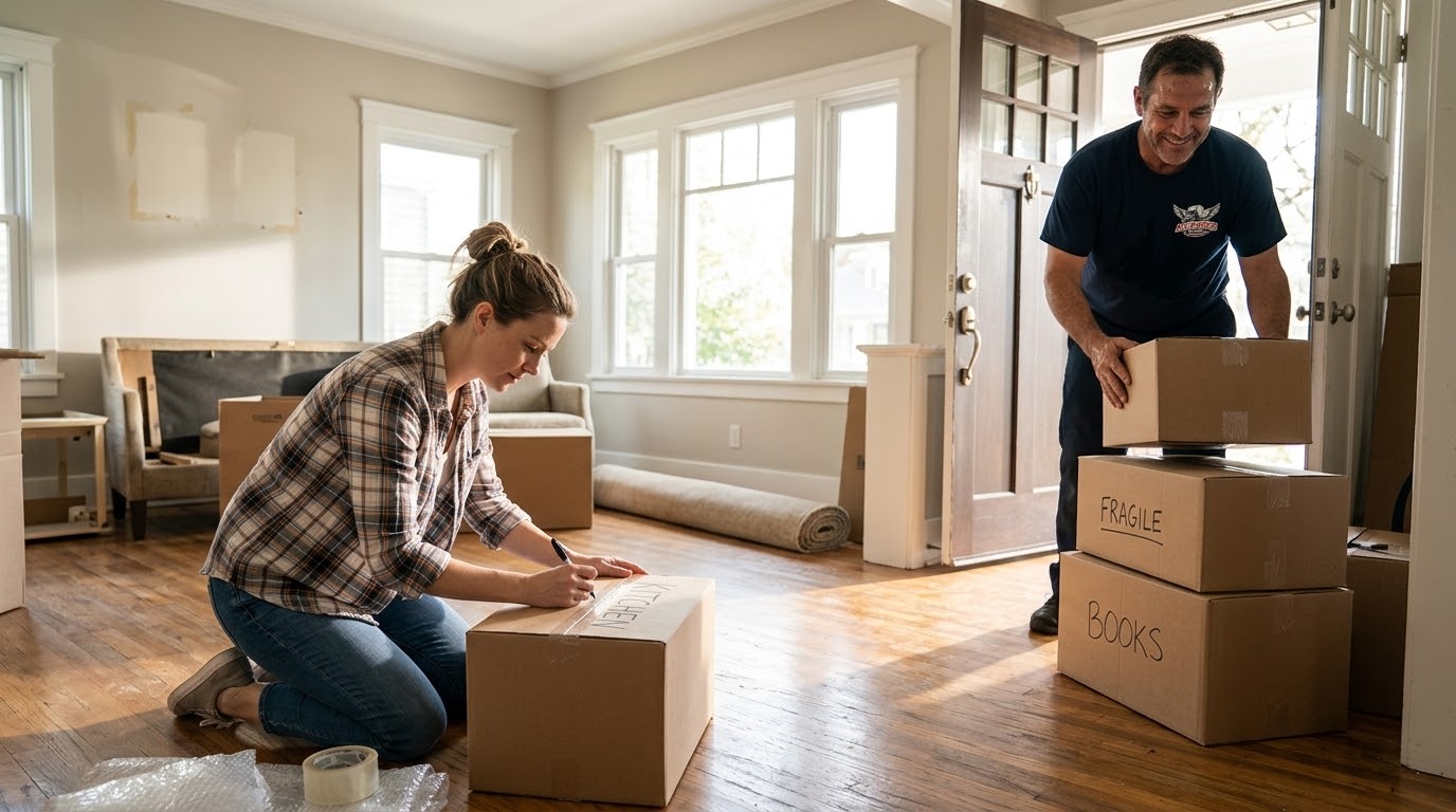Homeowner labeling boxes beside an All Seasons Movers crew member in branded navy blue uniform before a Chicago home move
