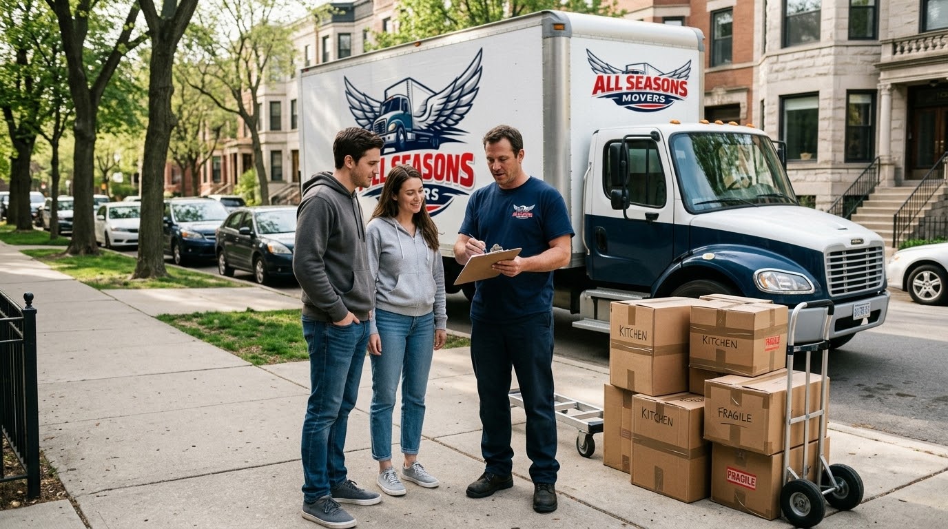Couple reviewing a moving and storage plan with a mover in navy uniform outside a Chicago apartment building