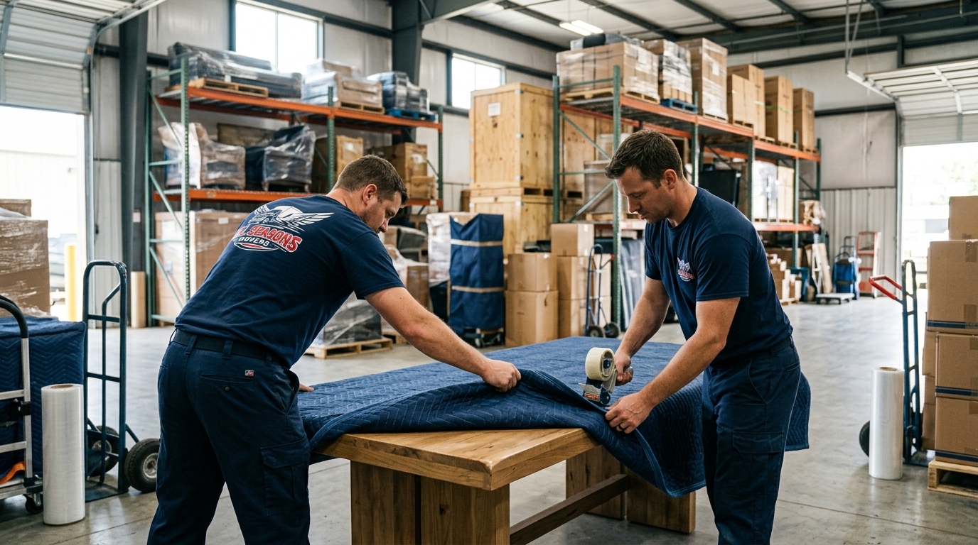 Two movers in navy uniforms wrapping a wooden table inside a clean climate controlled storage facility