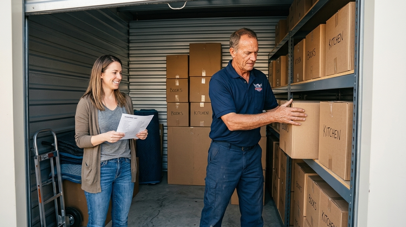 Customer checking an inventory list while a mover in navy uniform stacks labeled boxes in a storage unit