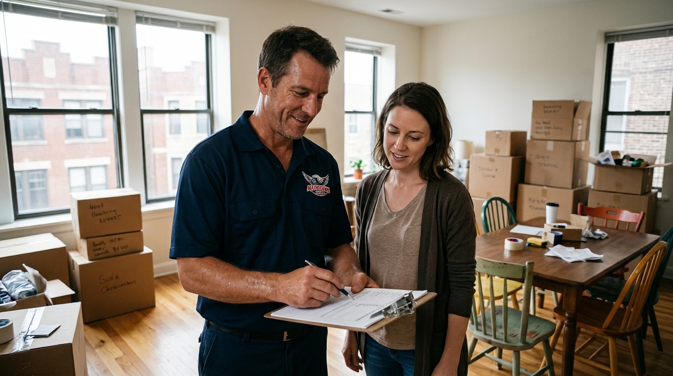 Mover in branded navy blue uniform reviewing an inventory with a homeowner before an interstate move from Chicago