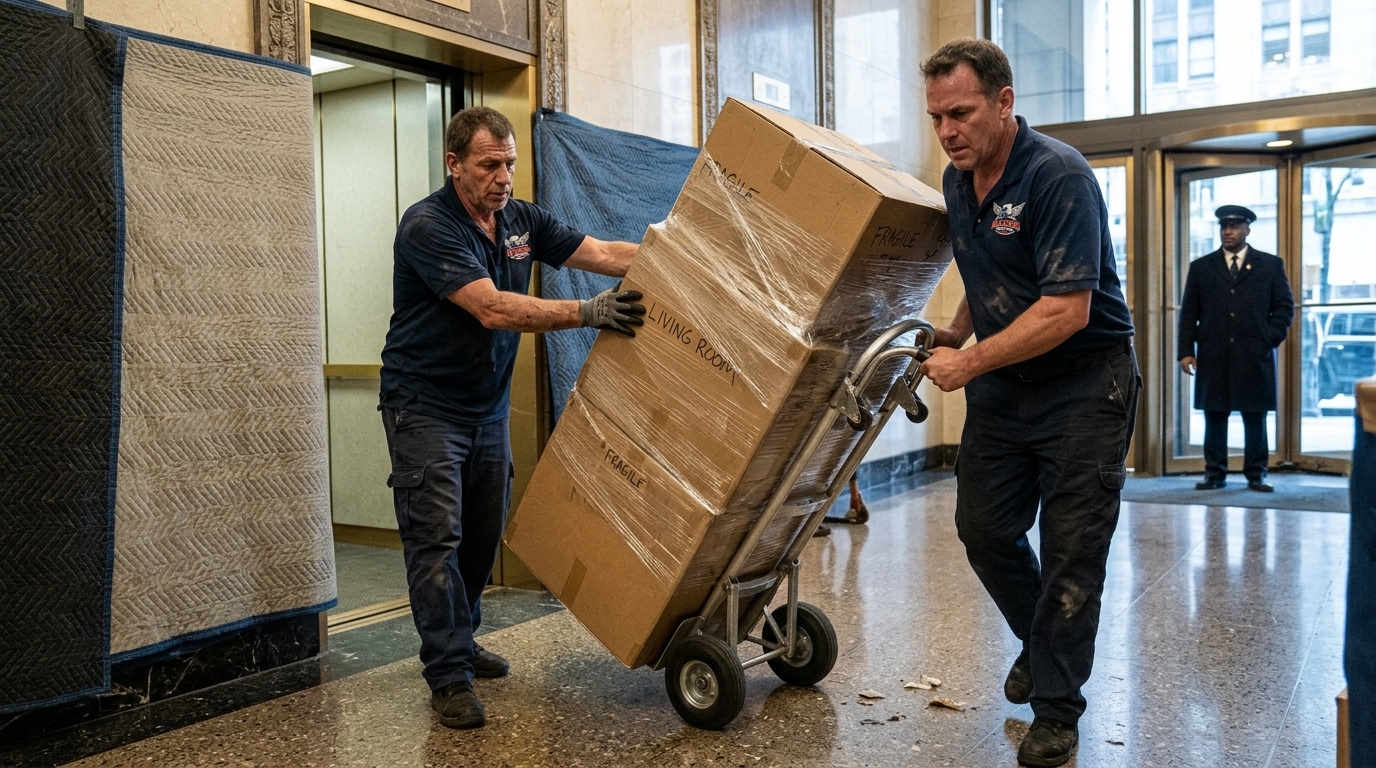 Movers in branded navy blue uniform wheeling boxes through a Chicago high rise lobby to the freight elevator