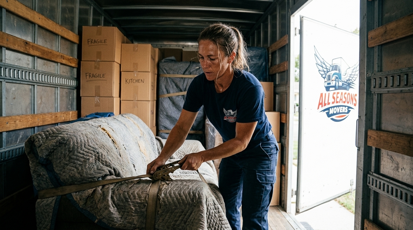 Mover in branded navy blue uniform securing furniture inside an All Seasons Movers truck for a long distance move