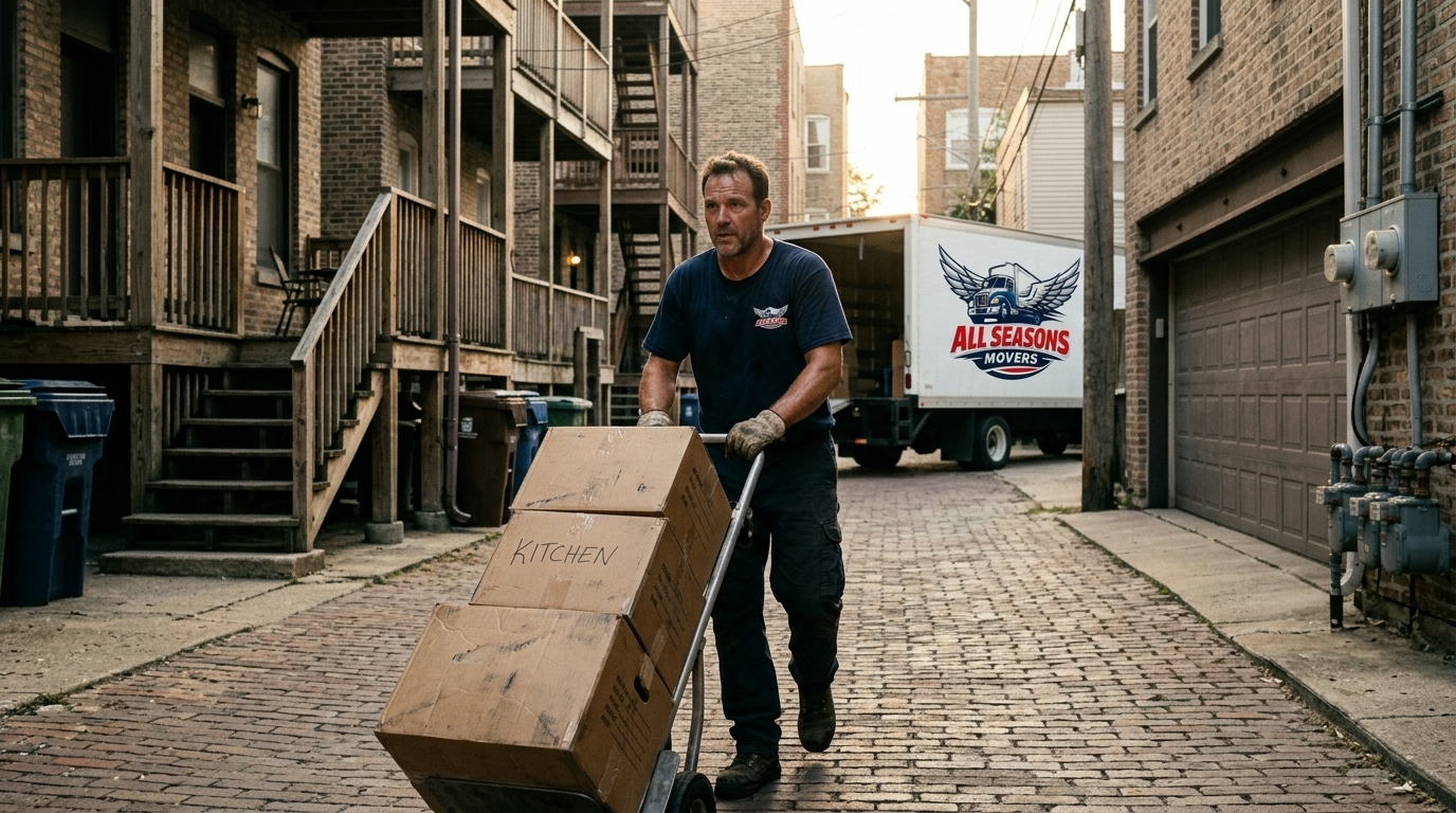 Mover in branded navy blue uniform wheeling boxes through a narrow Chicago alley toward a moving truck