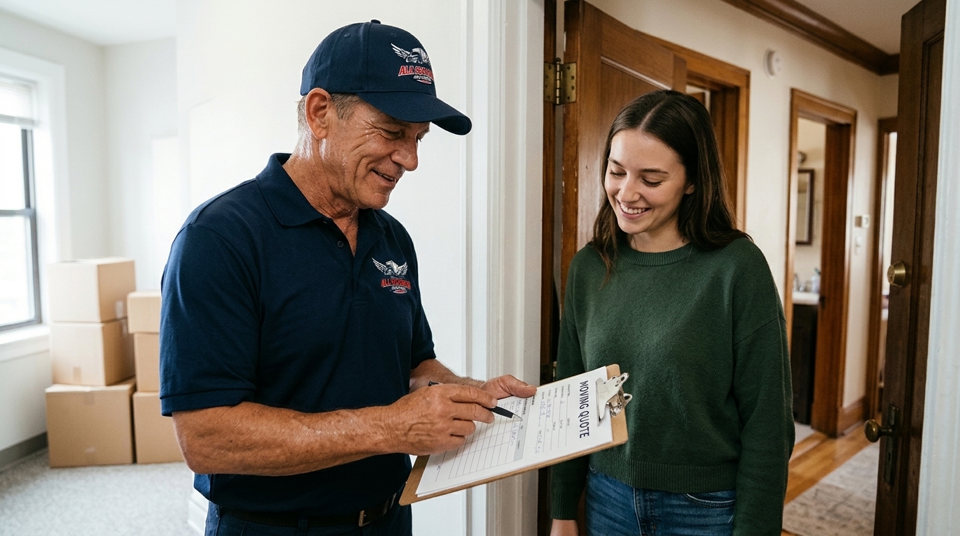 Chicago mover in branded navy blue uniform reviewing a written quote with a customer at her apartment door