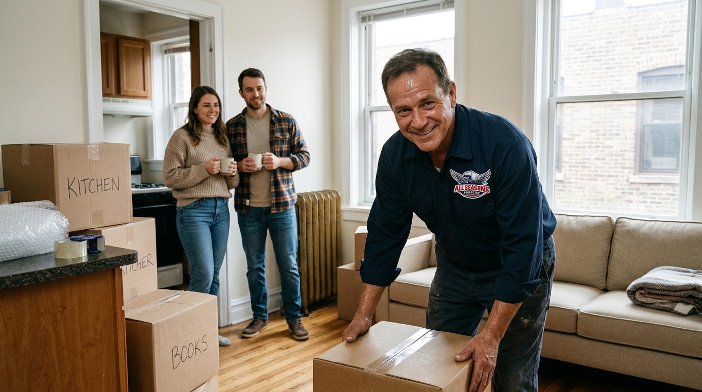 Happy couple and a mover in branded navy blue uniform settling boxes into a new Chicago apartment after a local move
