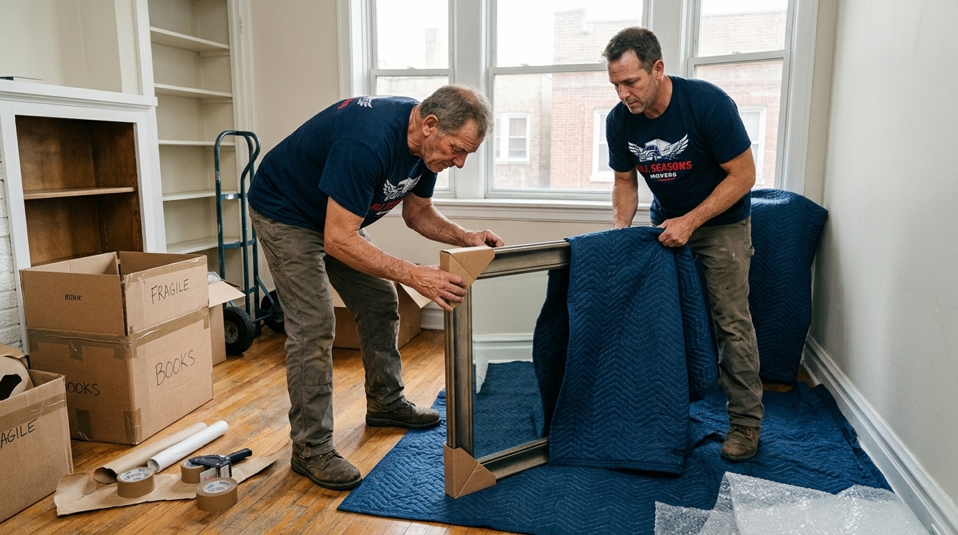 Two movers in branded navy blue uniform protecting a large mirror before a move with Chicago packing services