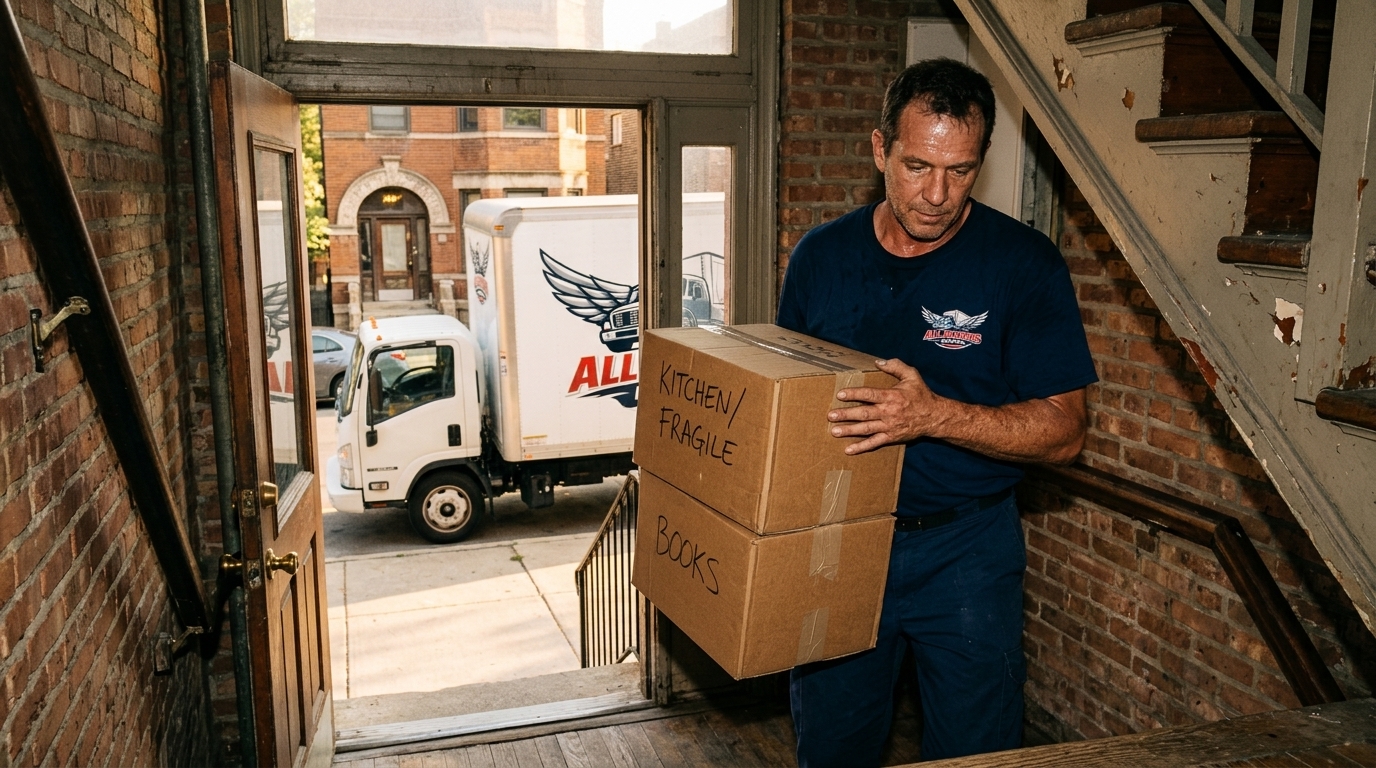Mover in branded navy blue uniform carrying labeled boxes up a Chicago staircase with a branded moving truck outside