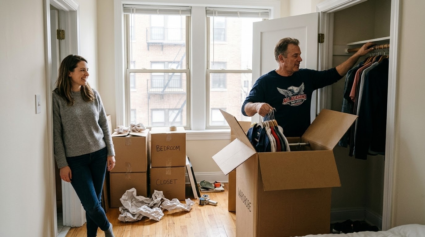 Customer and a mover in branded navy blue uniform unpacking a wardrobe box in a new Chicago apartment