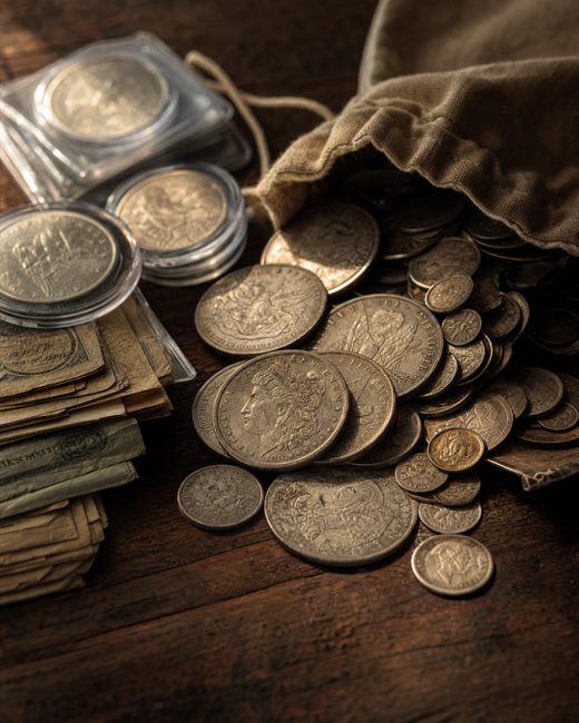 Antique silver coins and old paper currency