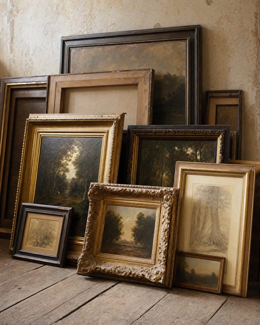 Framed oil paintings and sketches leaning against a plaster wall