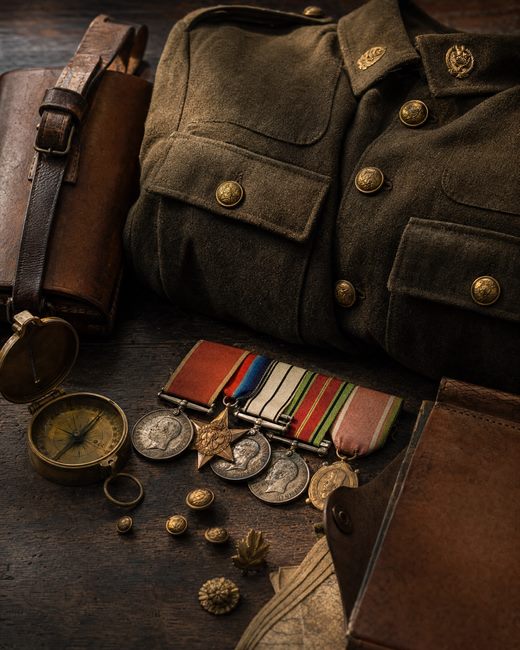 Service medals, brass insignia, a folded uniform and a field compass